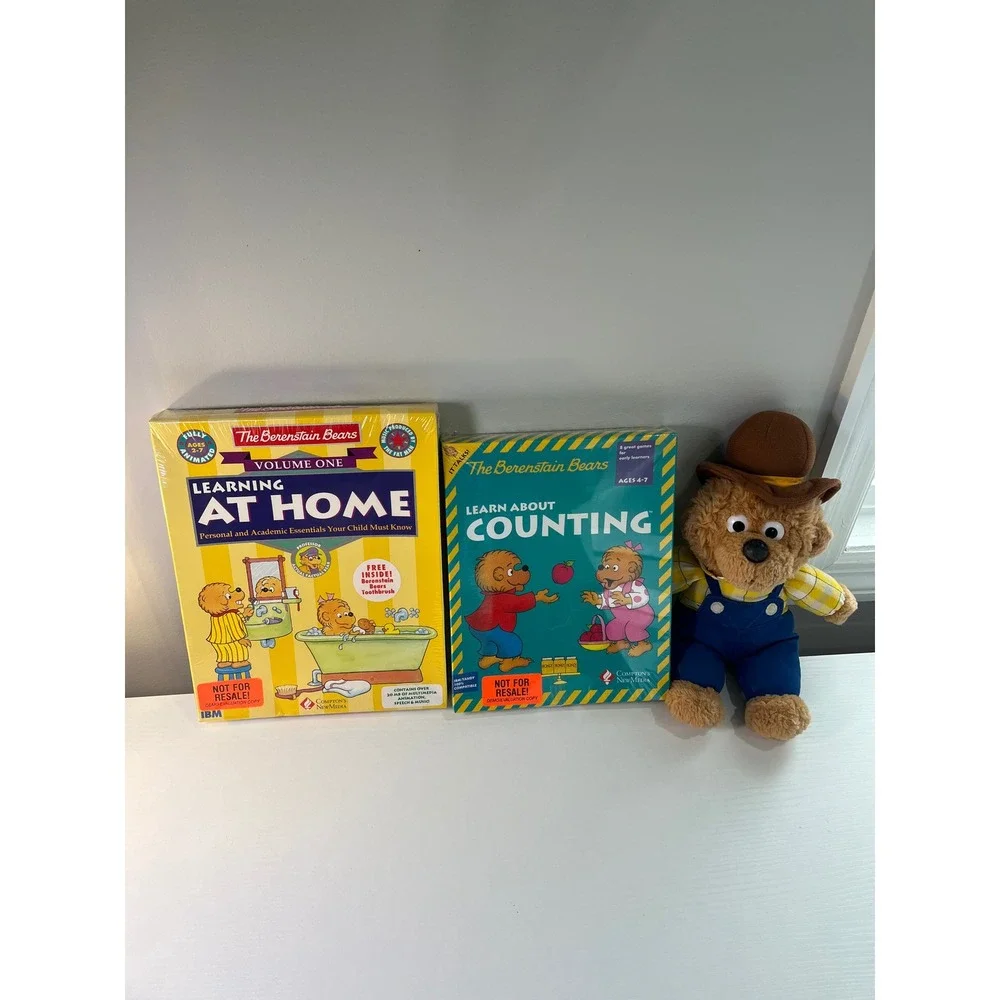 Berenstain Bears Learning At Home & Counting PC Games Sealed w Papa Bear Plush‎